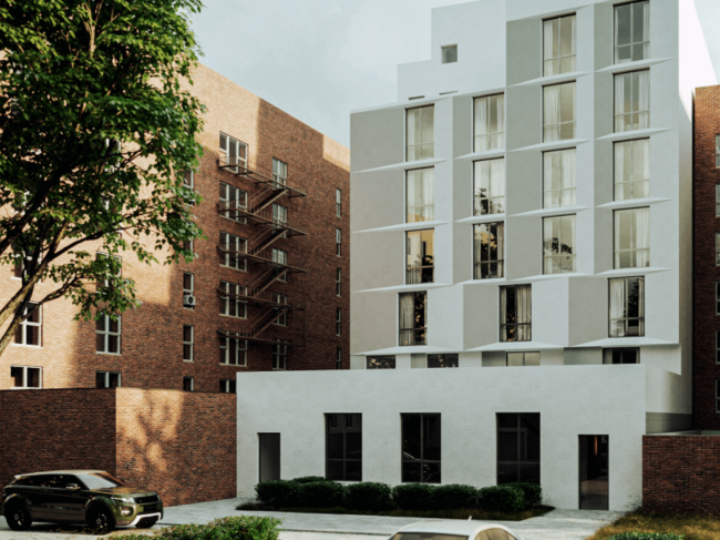 modern angular white facade of 2279 Barker Ave, Bronx, NYC